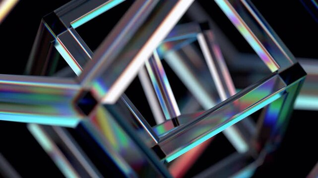 Abstract animation, rotating glass geometric shapes, 4k looping video, 3d render