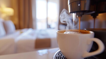 A cup of coffee being brewed in a small, single-serve hotel room coffee maker.