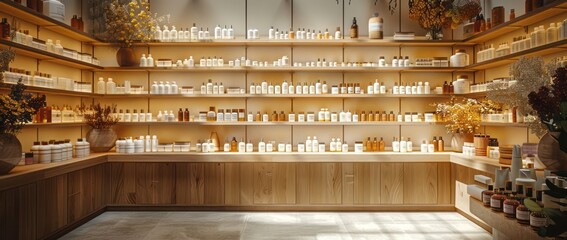 Cosmetic packaging on store display shelves Right shelf