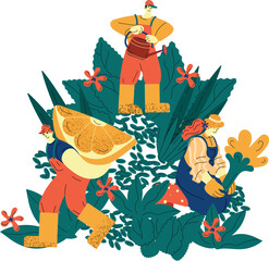 Three Farmers Working in a Lush Garden