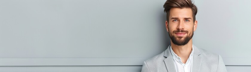 Obraz premium A man with a beard and a white shirt is standing in front of a gray wall