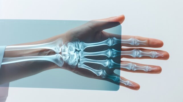 Close-up of doctor's hand holding bone x-ray film Focus on x-ray film on white background