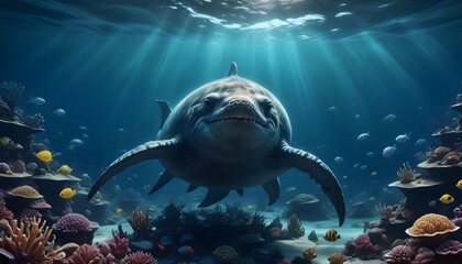 Fototapeta premium Beneath the surface of the ocean lies wild shark is swimming