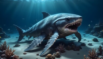 Obraz premium Beneath the surface of the ocean lies wild shark is swimming