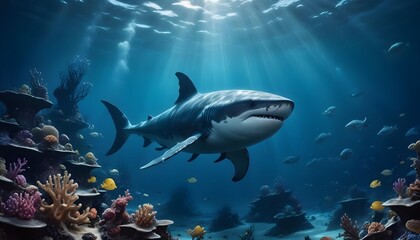 Obraz premium Beneath the surface of the ocean lies wild shark is swimming