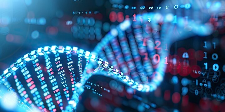 glowing blue DNA strands with binary code flowing on digital data background