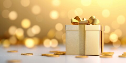 a gift box with bow and ribbon surrounded  by golden digital coin with blur golden bokeh light background