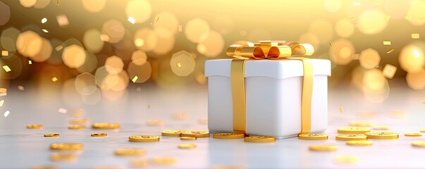 a gift box with bow and ribbon surrounded  by golden digital coin with blur golden bokeh light background
