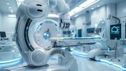 A futuristic operating room with advanced medical technology and robotic equipment.