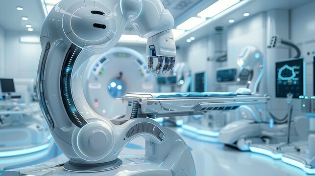 A futuristic operating room with advanced medical technology and robotic equipment.