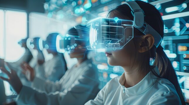 A team of three people wearing VR headsets work in a futuristic office space with glowing screens and data visualizations.