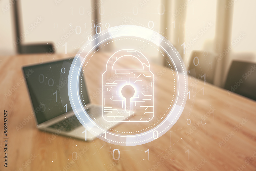 Poster creative light lock illustration with microcircuit on modern computer background, cyber security con
