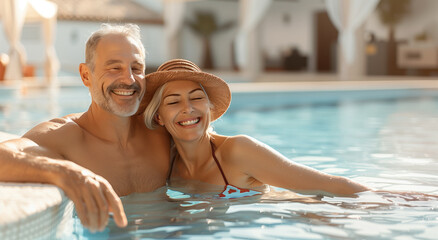 An mature couple is seen smiling and relaxing in a swimming pool. The woman is wearing a sun hat, and they both look content and happy, enjoying their time in the water on a sunny day.