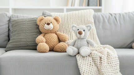 A brown knitted teddy bear sits on a light grey couch with white knit throw pillows