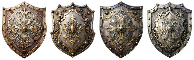 Beautiful old metal shield, high detail, transparent background PNG file