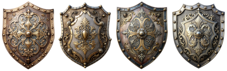 Beautiful old metal shield, high detail, transparent background PNG file
