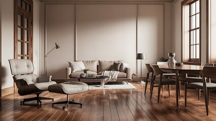 Modern living room interior with blank wall, sofa, lounge chair, table, wooden wall and floor.
