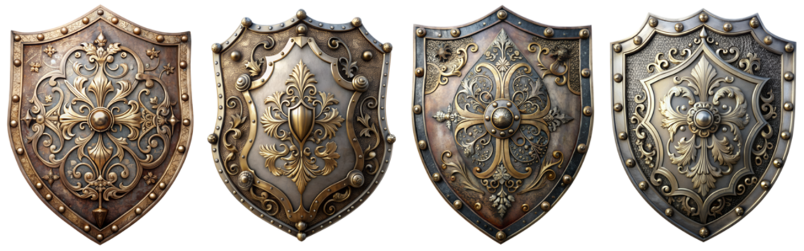 Beautiful old metal shield, high detail, transparent background PNG file