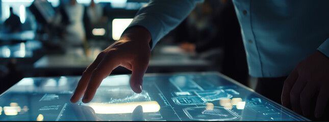 A close-up shot of the hands touching on an interactive touch screen table displaying data