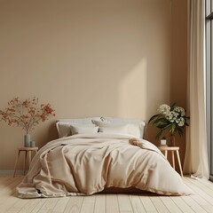 bohemian style bedroom with bed in front of empty wall