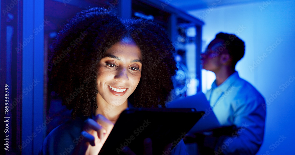 Poster Woman, tablet or server room at night for technology, maintenance in dark data center with neon. Female person, digital information or cloud computing with app, network programming or problem solving