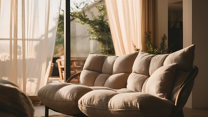 Modern living room sofa and sheer curtains horizontal
