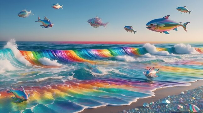 Fliegende und schwimmende Fische mit schillernden, regenbogenfarbenen Schuppen.