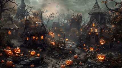 Naklejka premium Halloween theme background with pumpkins, old houses and foggy trees. Fantasy illustration for photo wallpaper or backdrop, wall art design. Halloween decorations