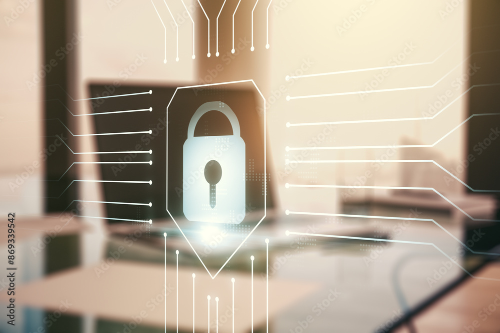 Poster creative idea concept with lock symbol and microcircuit illustration on modern laptop background. pr