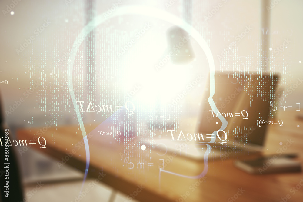 Poster Creative artificial Intelligence concept with human head sketch on modern computer background. Double exposure