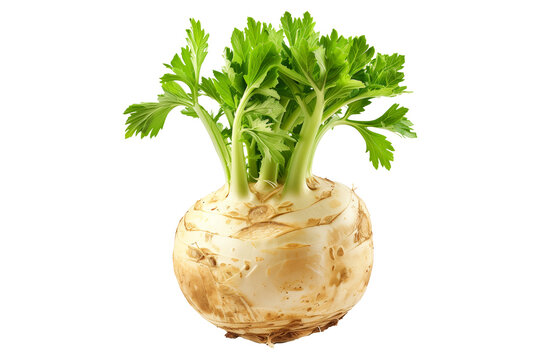 Fresh celery root with green leaves isolated on a white background.
