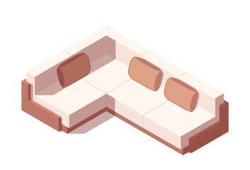 Home furniture isometric icon. Comfortable sofa with pillows for living room interior design. Cozy couch for apartment. Design for web. Cartoon 3D vector illustration isolated on white background