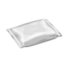 Wet wipe pack. Realistic vector mock-up. Moist toilet paper, baby skincare tissue, scented napkin blank white packaging mockup. Flushable wipes resealable pouch. Template for design