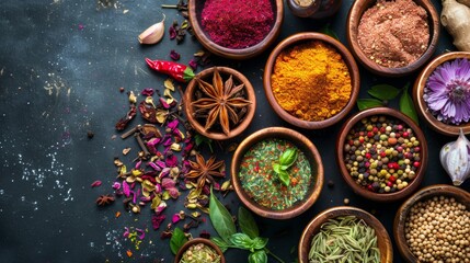 Assorted spices and herbs in wooden bowls