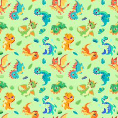 A green background with a variety of colorful dinosaurs. The dinosaurs are all different sizes and colors, and they are scattered throughout the image. Scene is playful and whimsical
