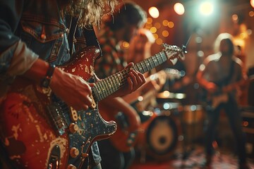 Obraz premium Guitarist Playing Electric Guitar On Stage During Concert