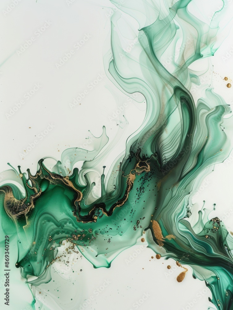 Wall mural Alcohol ink drawing of green and black smoke on a white background, botanical elements, swirling shapes create a fluid composition of organic forms 