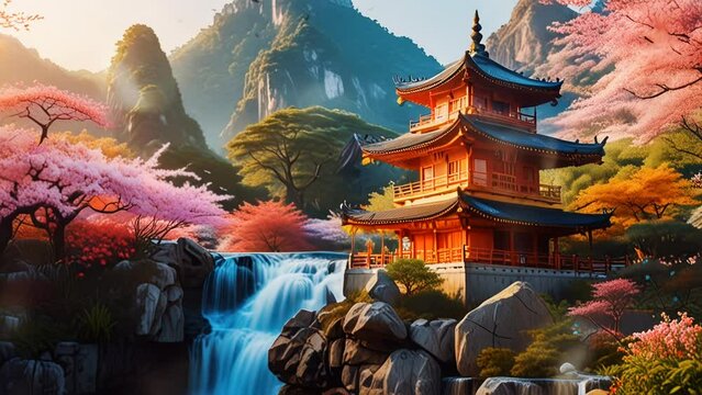  View of Chinese temple on the hill, in a smooth looping background with 4K video animation.