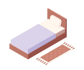 Home furniture isometric icon. Comfortable bed with mattress, pillow and blanket and rug for stylish bedroom. Apartment interior design. Cartoon 3D vector illustration isolated on white background