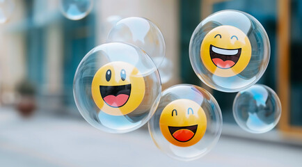 Transparent bubbles with smiling emoji faces floating in an urban setting.