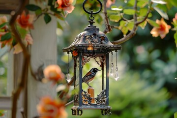 A whimsical birdhouse designed like a hanging lantern with a bird on it.