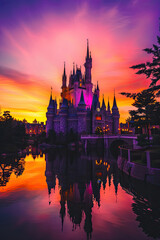 Obraz premium Towering spires and turrets of an enchanted castle silhouetted against a vibrant purple and orange dusk sky, with a moat reflecting the scene and soft lights glowing from within.
