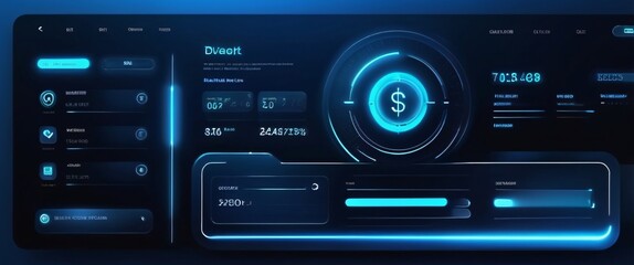 Digital banking interface, neon holograms, sleek design, blue tones