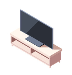 Home furniture isometric icon. Stylish wooden TV stand with shelves for storage. Interior design element of living room in apartment. Cartoon 3D vector illustration isolated on white background