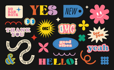 Abstract shapes sticker pack. Groovy circle oval rectangle arch eyes typography in trendy retro 90s cartoon style. Brutalism aesthetic.