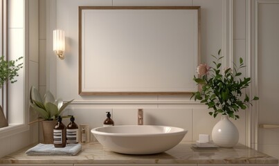 Elegant bathroom with a blank frame above the vanity