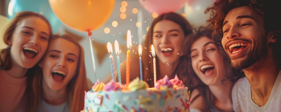 A group of friends celebrating a birthday with a cake and colorful balloons (realistic)
