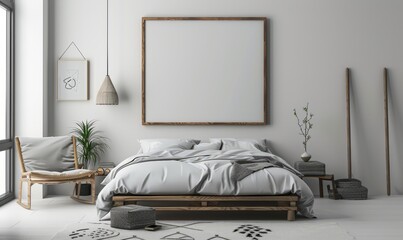 Minimalist bedroom with a blank canvas on the wall