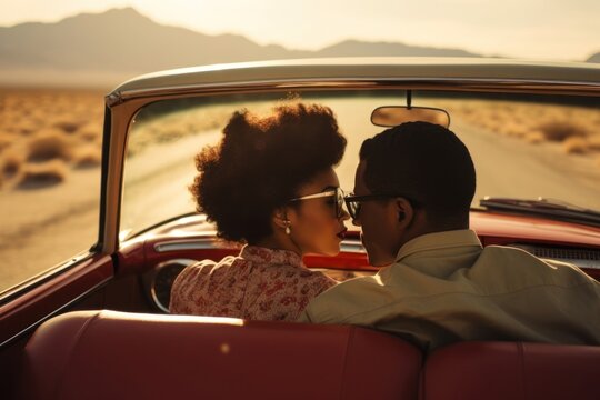 Black couple outdoors vacation vehicle.