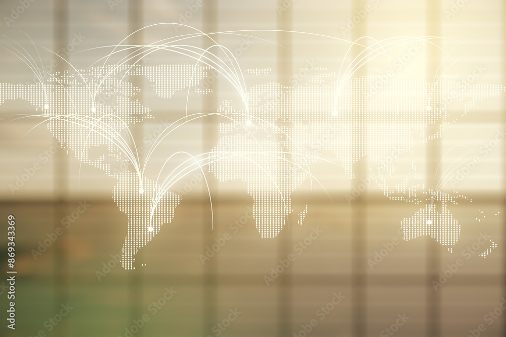 Poster double exposure of abstract digital world map hologram with connections on empty modern office backg